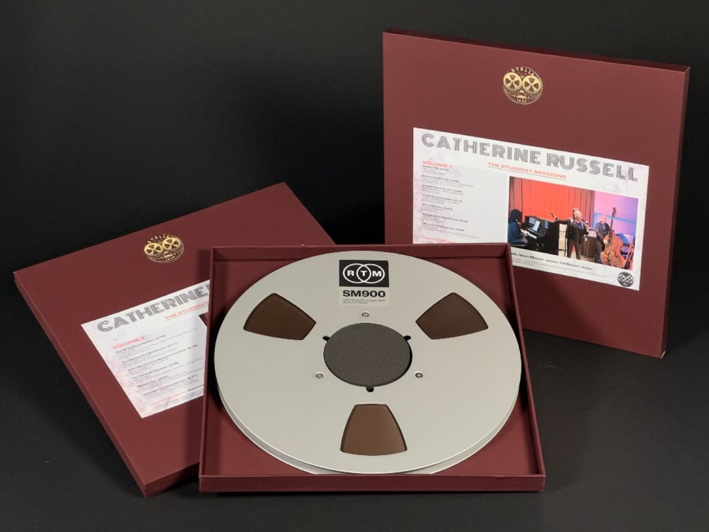 Open view of Catherine Russell Studio47 Sessions album showing burgundy sleeve and album artwork