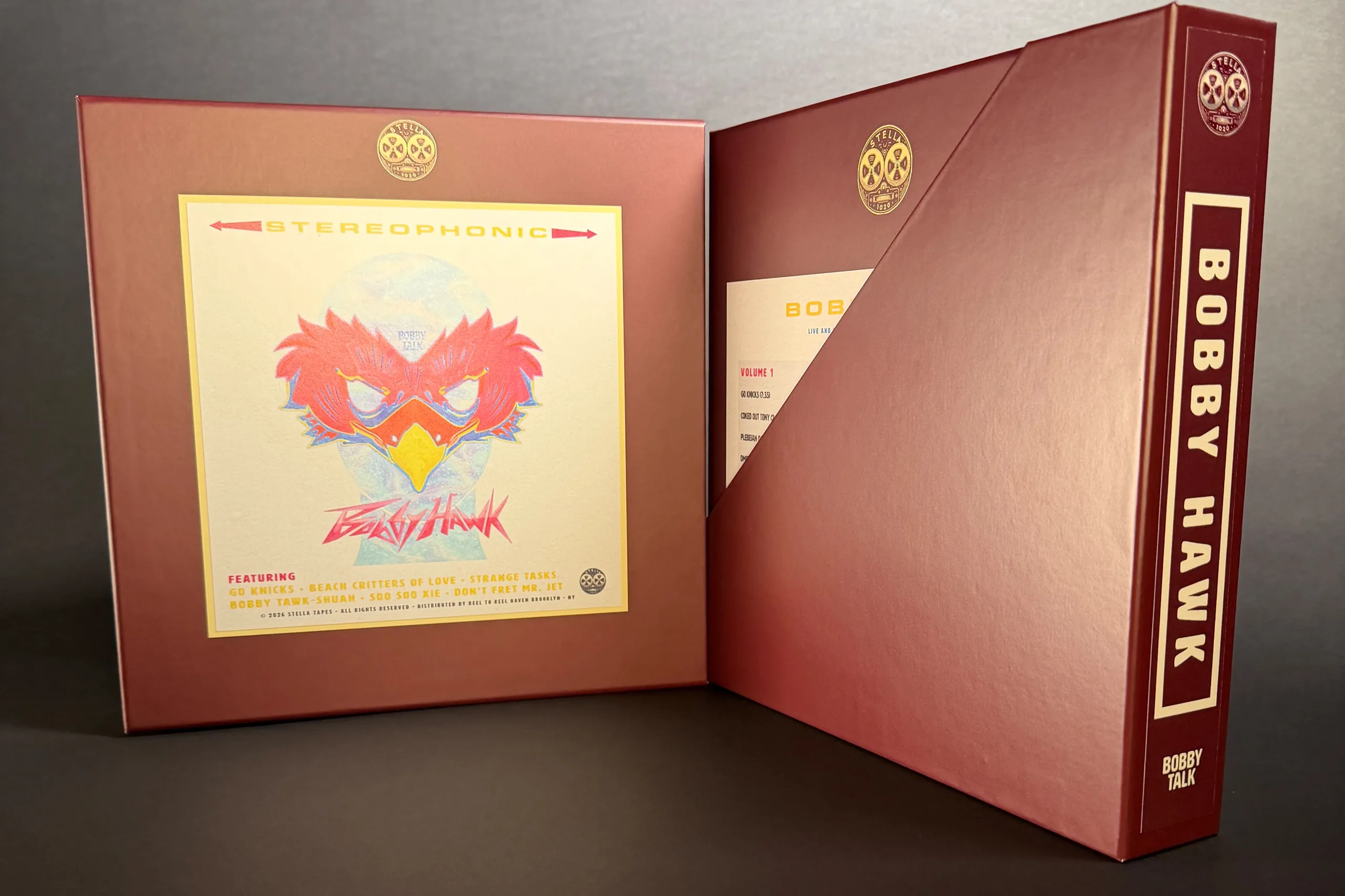 The Bobby Talk box open, showing the hawk mask cover art, the Volume 1 track card and the BOBBY HAWK spine