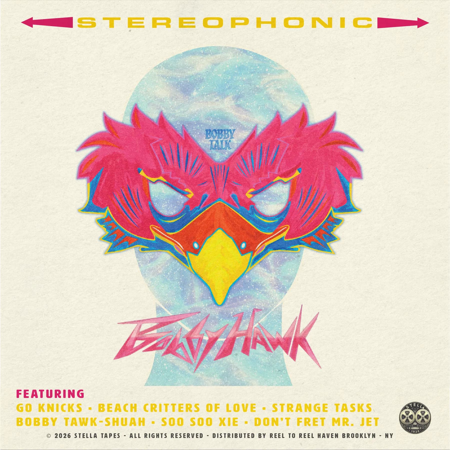 Bobby Talk cover art: a crimson and blue hawk mask over a pale blue orb on a cream field, the Bobby Hawk logo beneath it and a STEREOPHONIC banner above