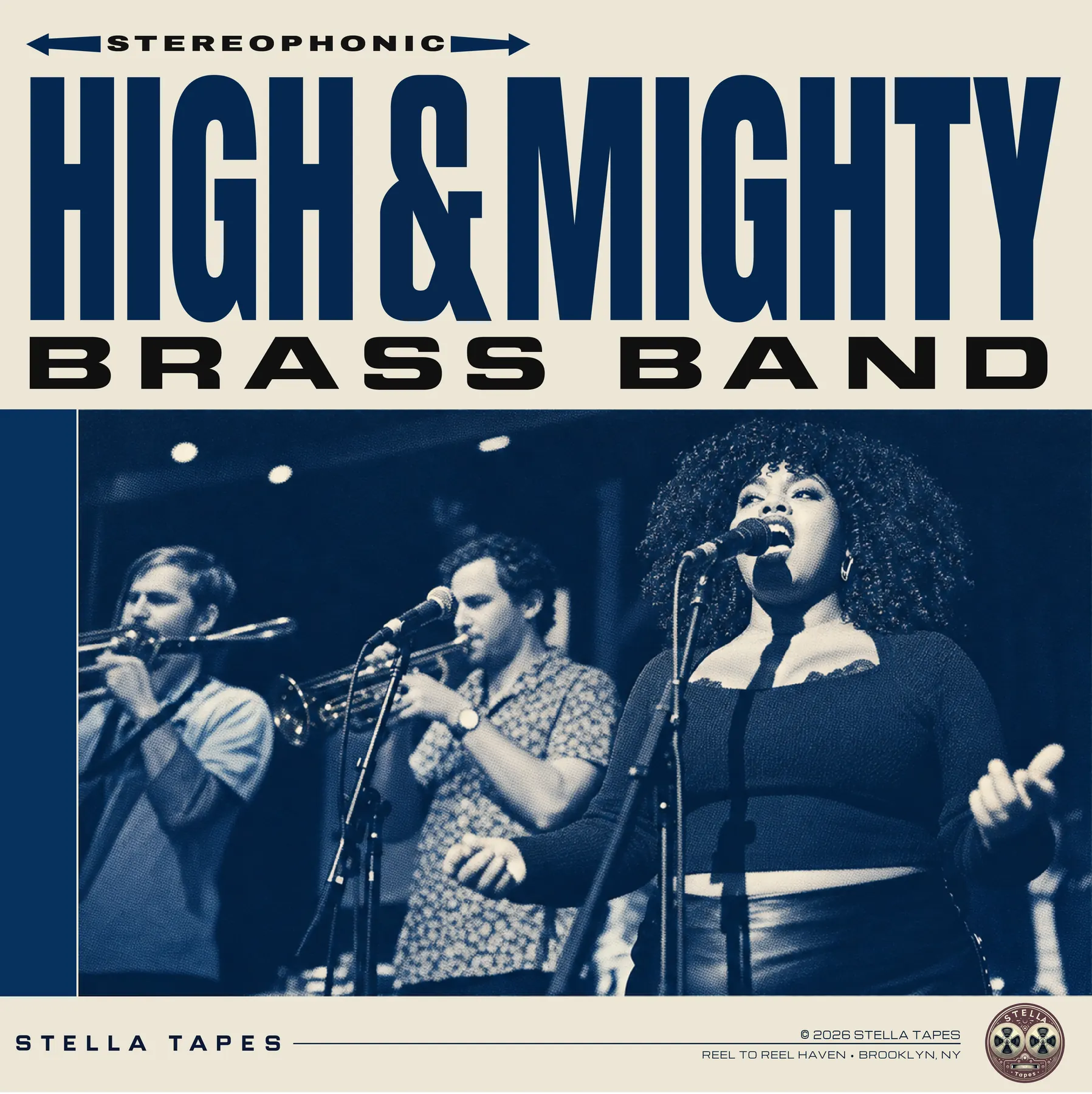 High & Mighty Brass Band cover: a duotone blue photograph of trombone, trumpet and a singer at the microphone, under the band name in heavy type